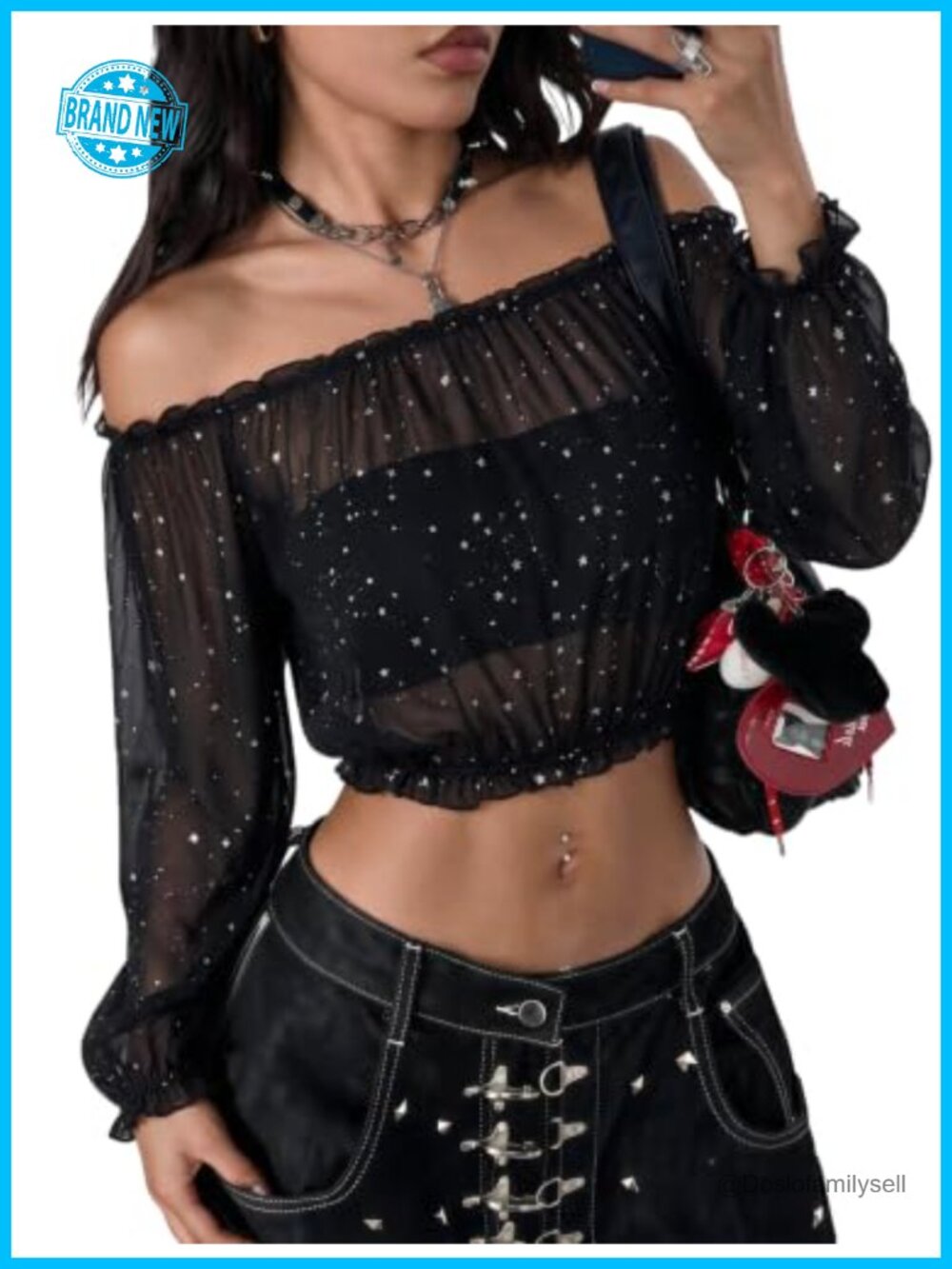 Off-Shoulder Mesh Crop Top Long Sleeve Ruffle Blouse Night Out